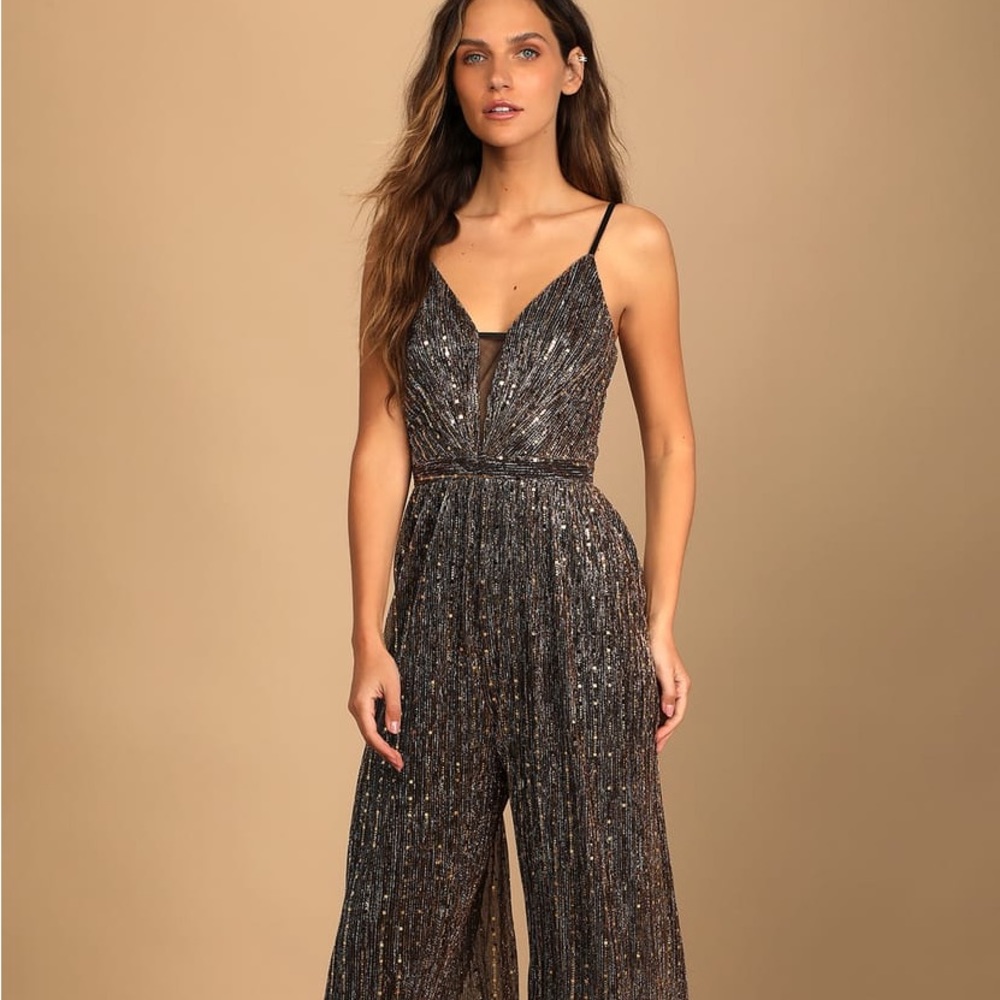 Lulu’s | Disco Party Black Multi Metallic Wide-Leg Jumpsuit